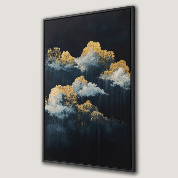 Framed Wall Art of abstract gold clouds on a dark blue background. Modern canvas print perfect for adding a touch of elegance to any room.