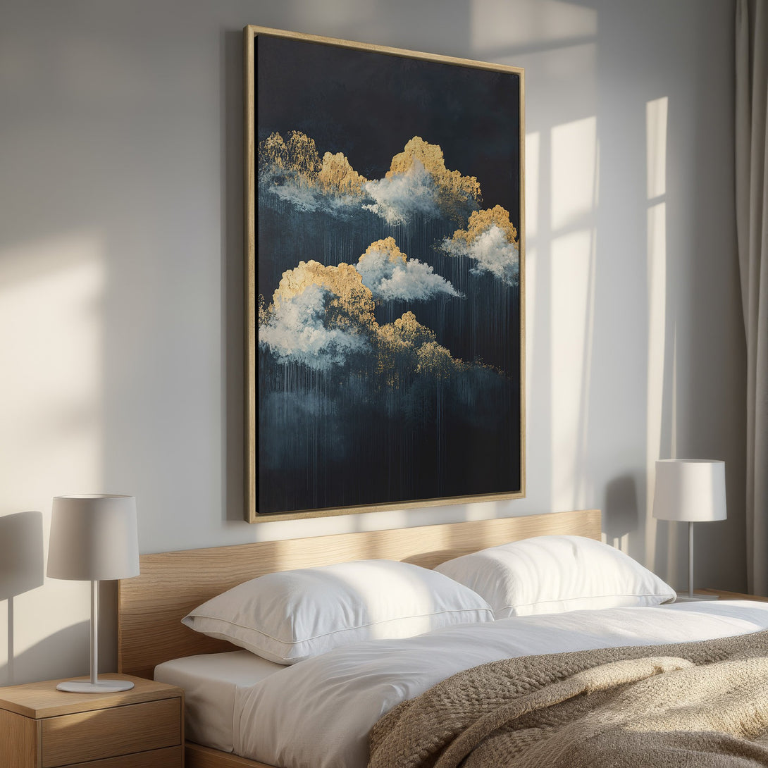 Framed Wall Art featuring abstract cloudscape in gold and navy blue tones, perfect for modern bedroom decor. Elevate your space with this stunning canvas print!