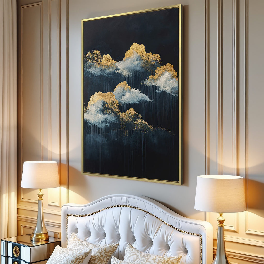 Canvas Print of abstract gold and blue cloud art, displayed in a modern interior. Adds a touch of elegance with its moody color palette.