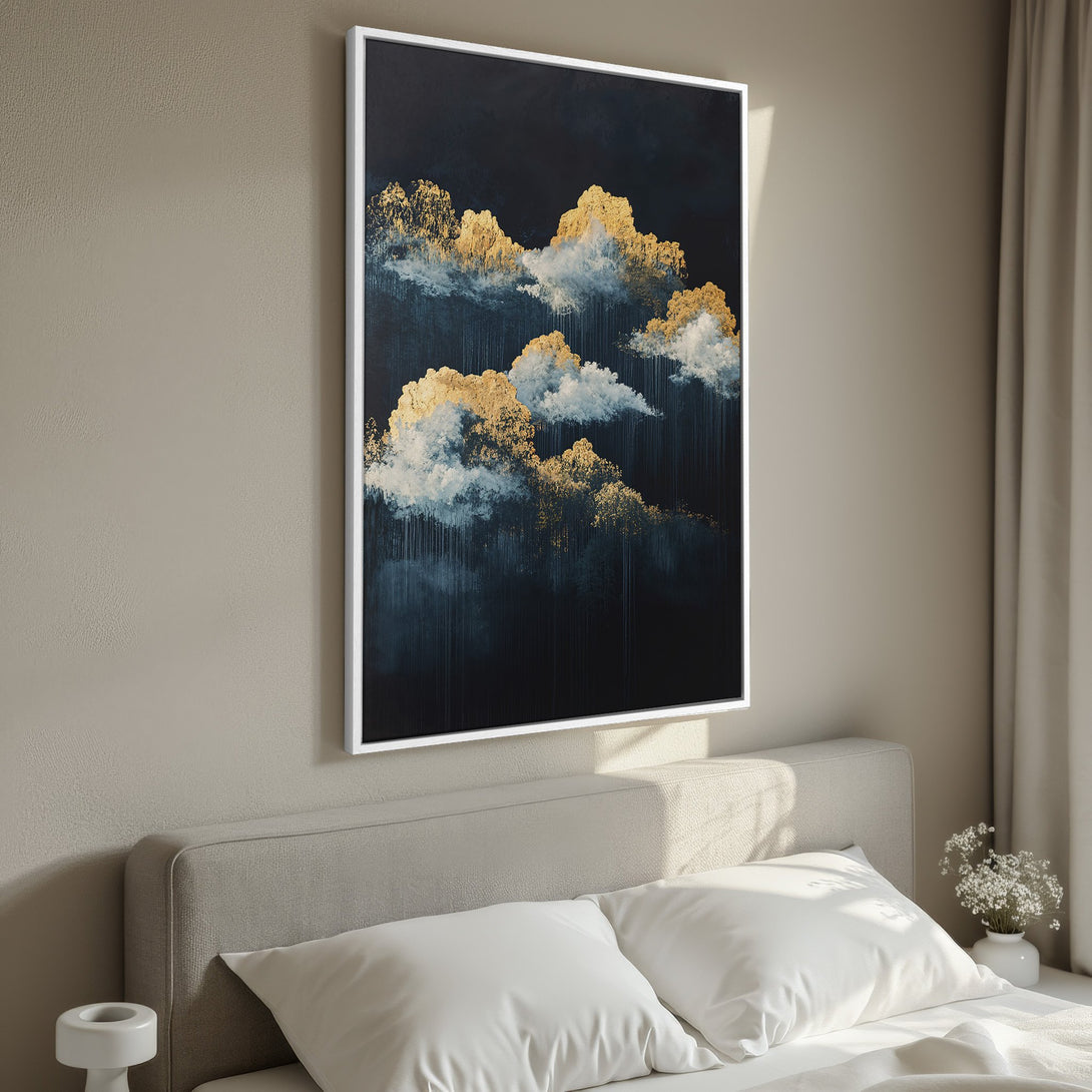 Framed Wall Art featuring abstract gold cloud art. Modern canvas print with a dark blue and gold color palette, perfect for bedroom decor.