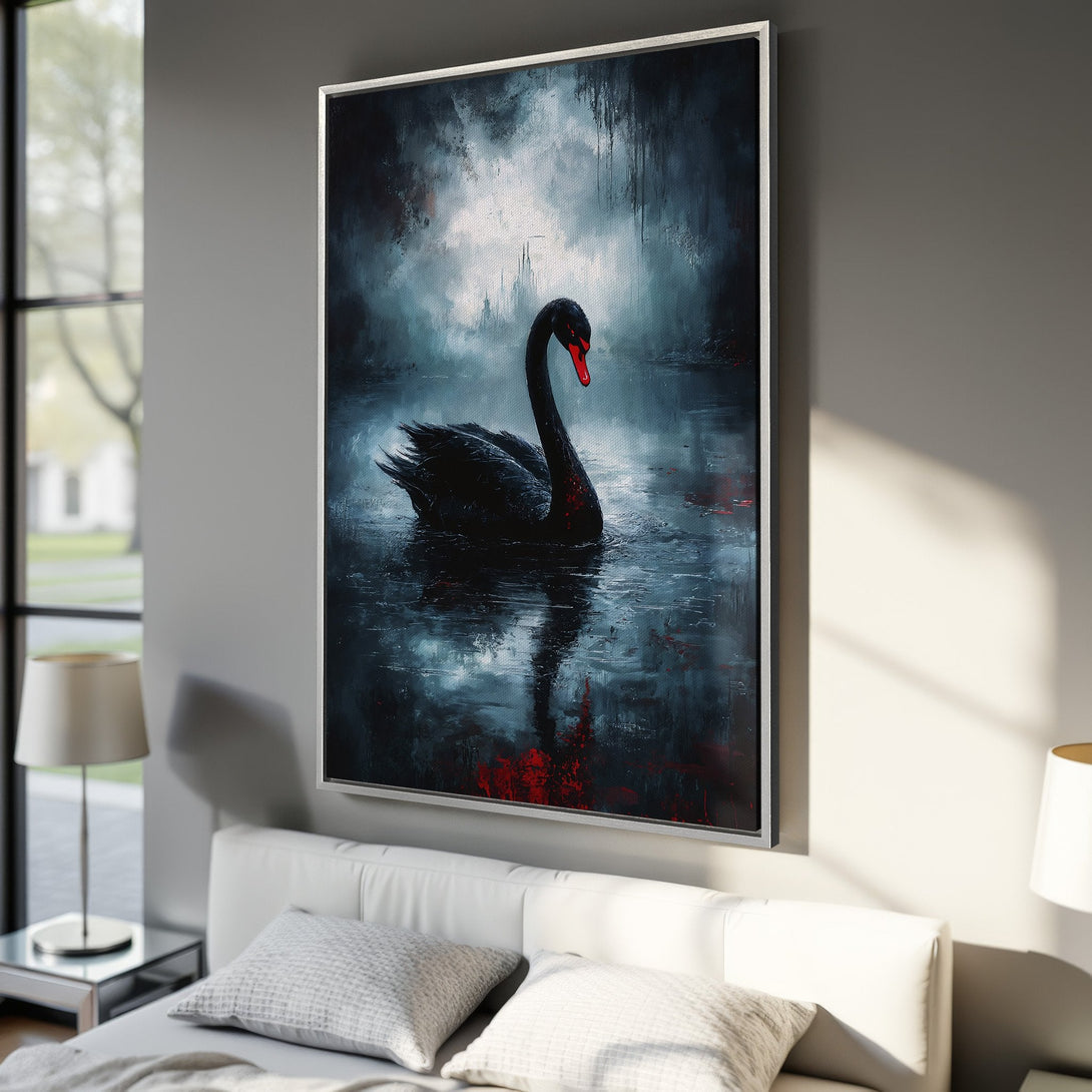 Framed Wall Art: Dramatic black swan painting in a moody, dark blue and red color palette. Perfect for adding a touch of elegance to your home decor.