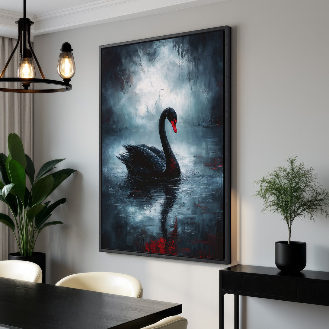 Framed Wall Art featuring a black swan in a dark, moody painting. Dramatic art with a teal, black, and red color palette. Perfect for modern home decor.