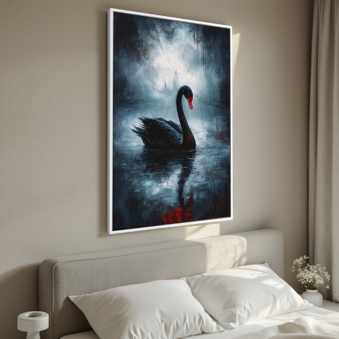 Framed Wall Art: Dramatic black swan painting in moody blues and reds. Transform your space with this stunning canvas print!