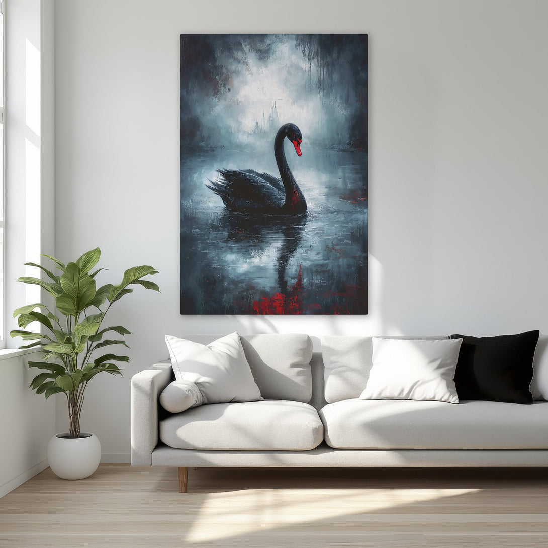 Framed Wall Art: Black swan painting in moody, dark blue and red tones. Dramatic artwork adds a touch of elegance to any interior. Shop now!