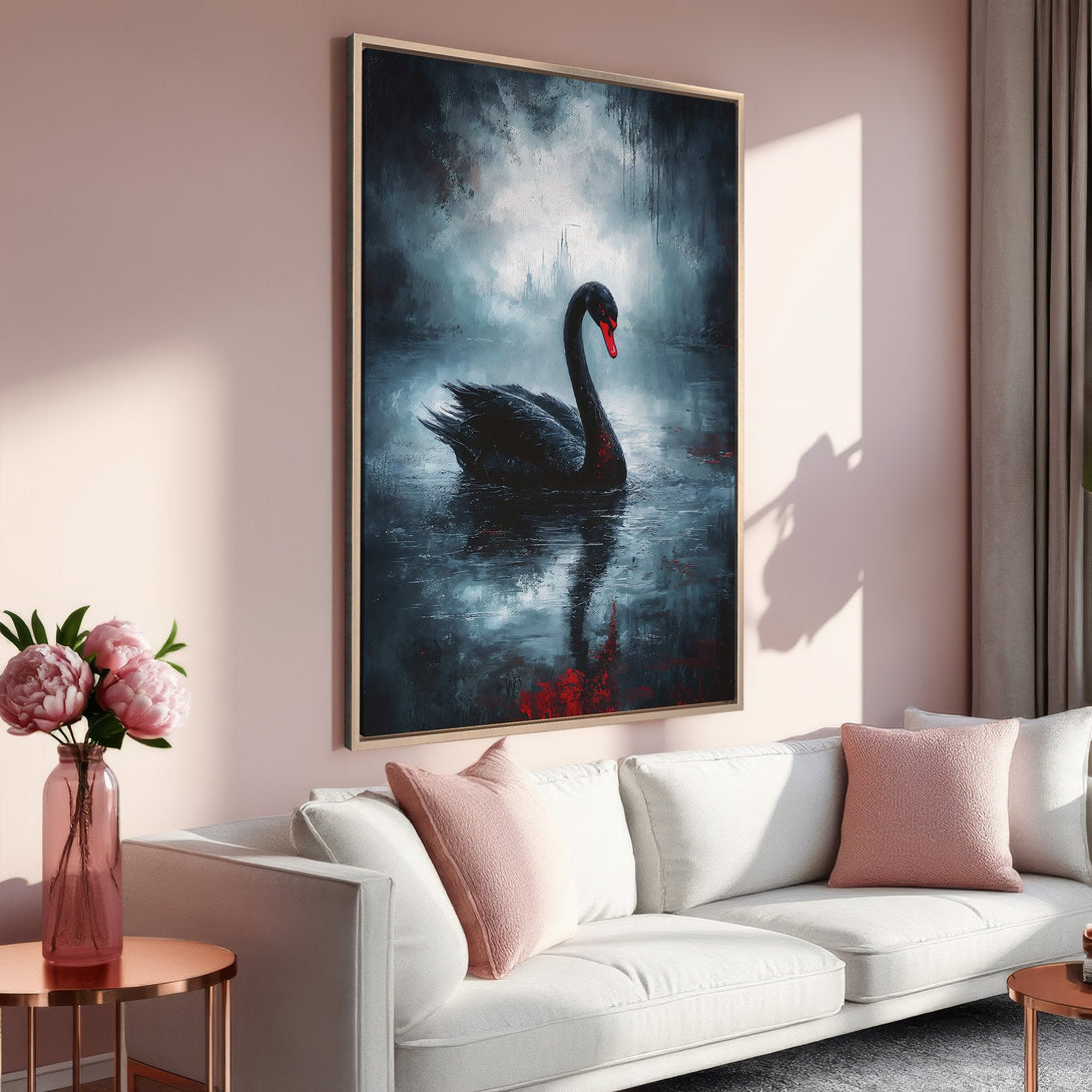 Framed Wall Art: Dramatic black swan painting in moody blue and red tones. Perfect for adding a touch of elegance to your living room decor.