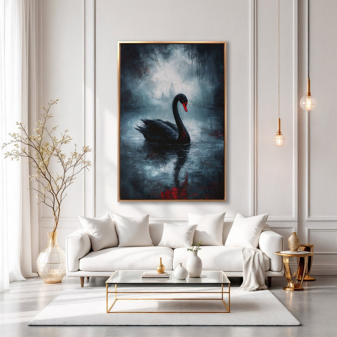 Framed Wall Art: Dramatic black swan painting in a moody, blue and red color palette. Modern art for living room decor. Elevate your space!