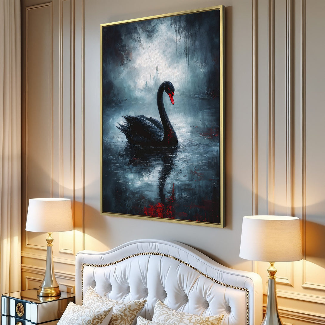 Canvas Print: Dramatic black swan art in moody blues & reds. Modern wall decor for living room. Add elegance with this stunning artwork.