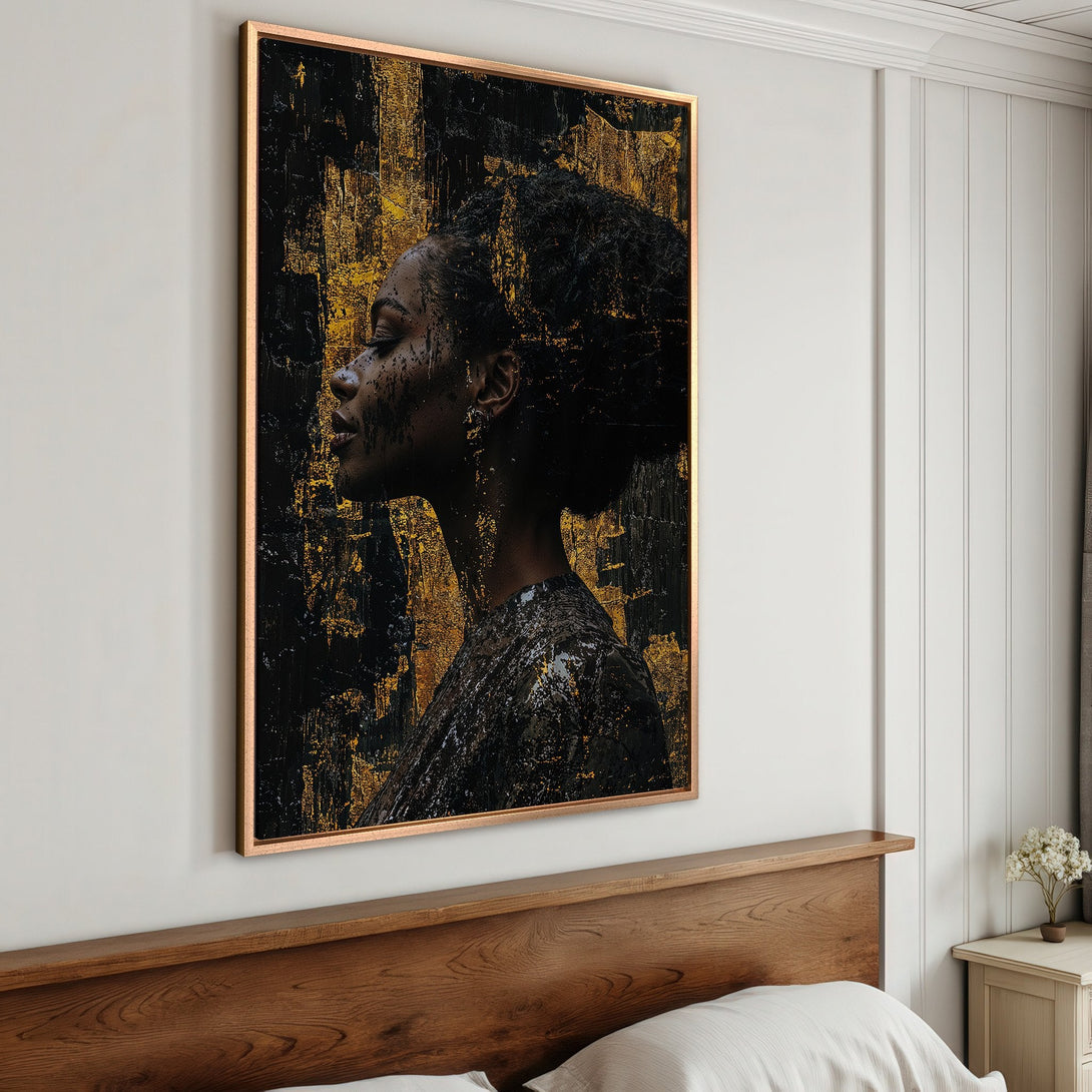 Framed Wall Art featuring an abstract portrait in black and gold, perfect for modern decor. Enhance your space with this stunning canvas print.