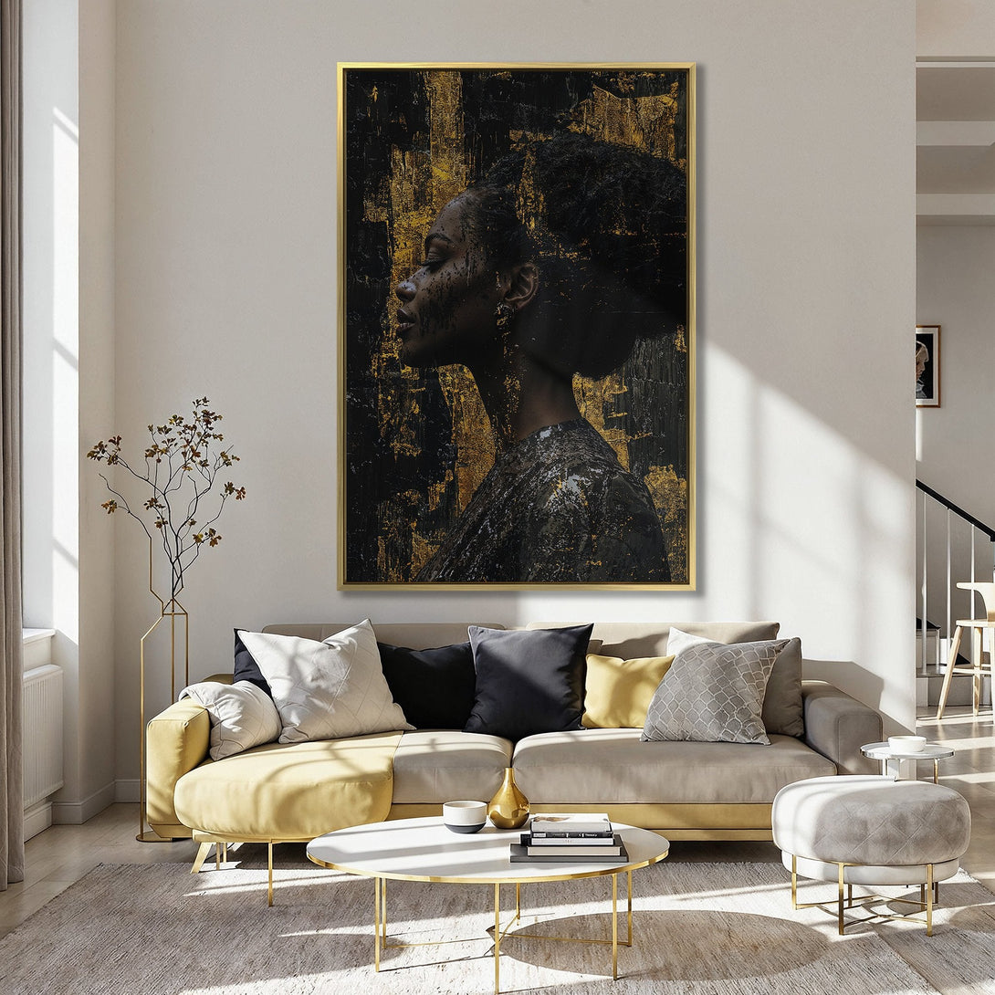 Canvas Print featuring a woman's profile in a modern, abstract style with gold and black tones. Perfect wall art for any room!