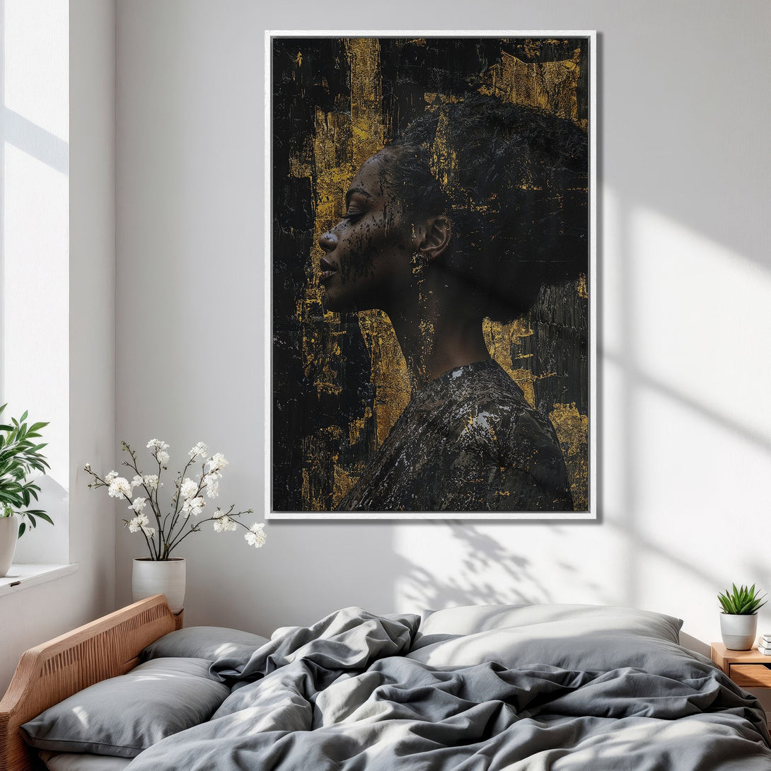 Framed Wall Art: Abstract portrait in black & gold. Modern Canvas Print adds elegance to bedroom decor. Shop now for stunning wall art!