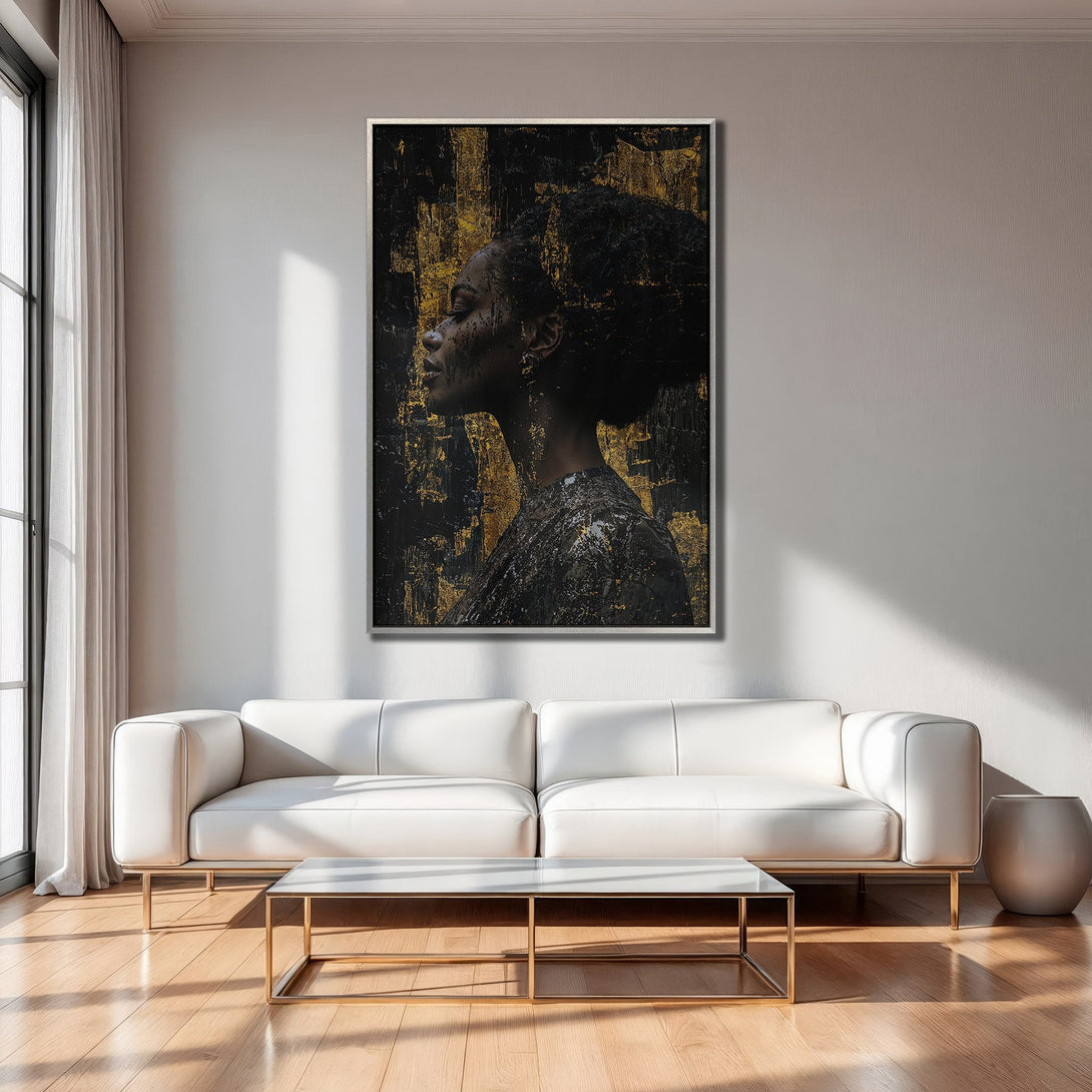 Framed Wall Art featuring an elegant woman, abstract style, with a black and gold color palette. Perfect for modern interior design.
