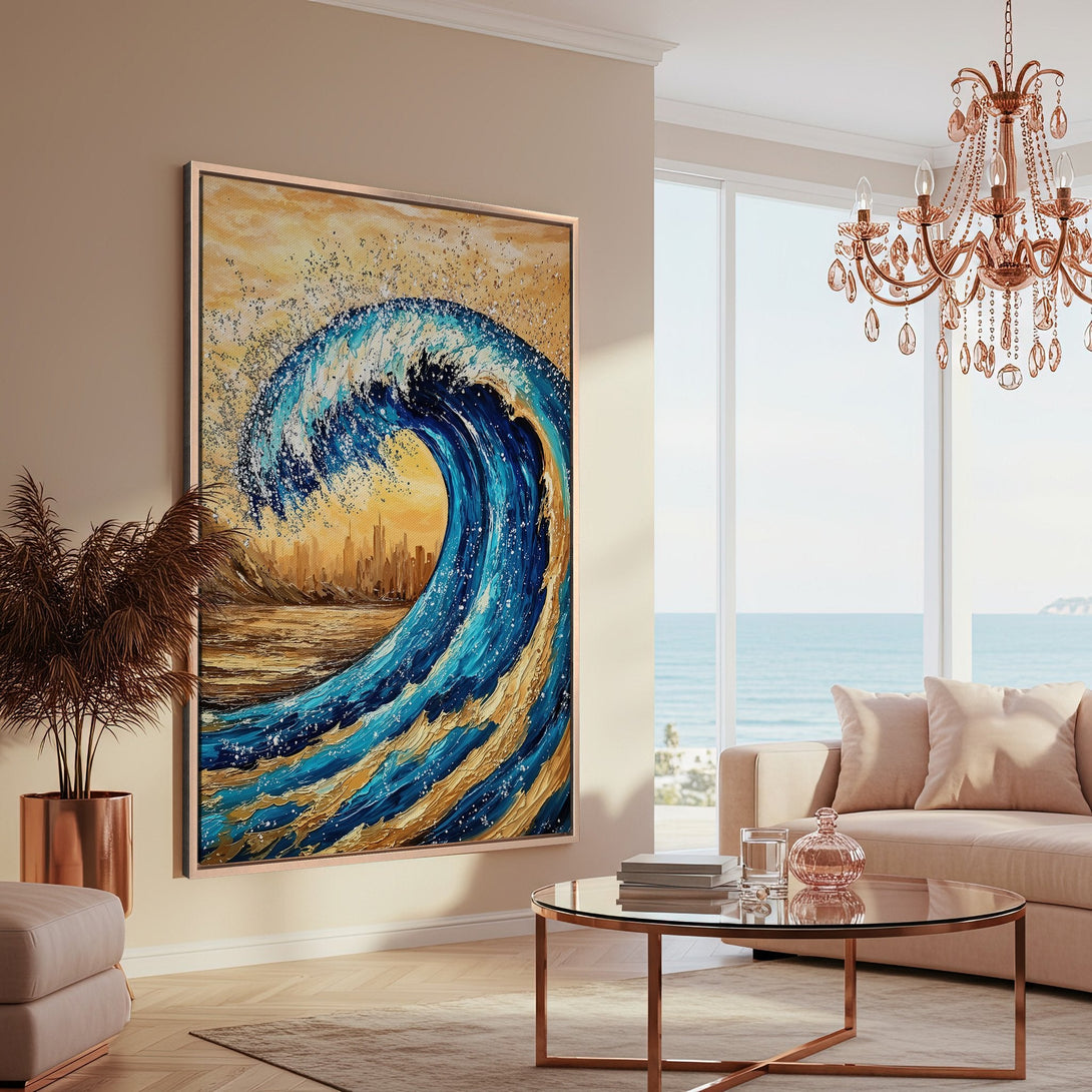 Framed Wall Art: Stunning wave painting in blue, gold, and white. Coastal style Canvas Print adds a touch of luxury to any space.