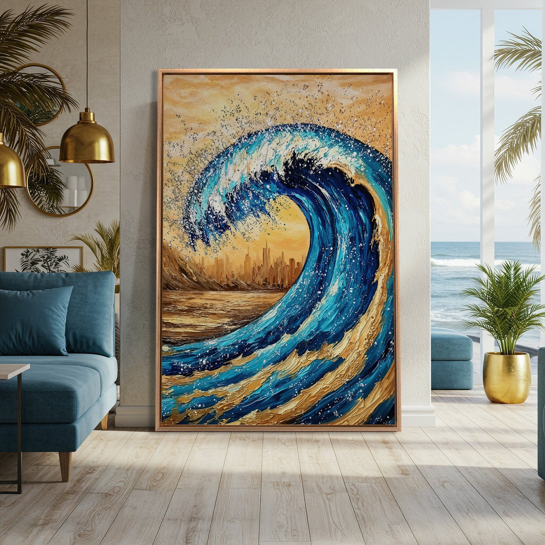 Framed Wall Art: Abstract wave painting in blue, gold, and beige tones. Coastal-inspired art for your home decor.