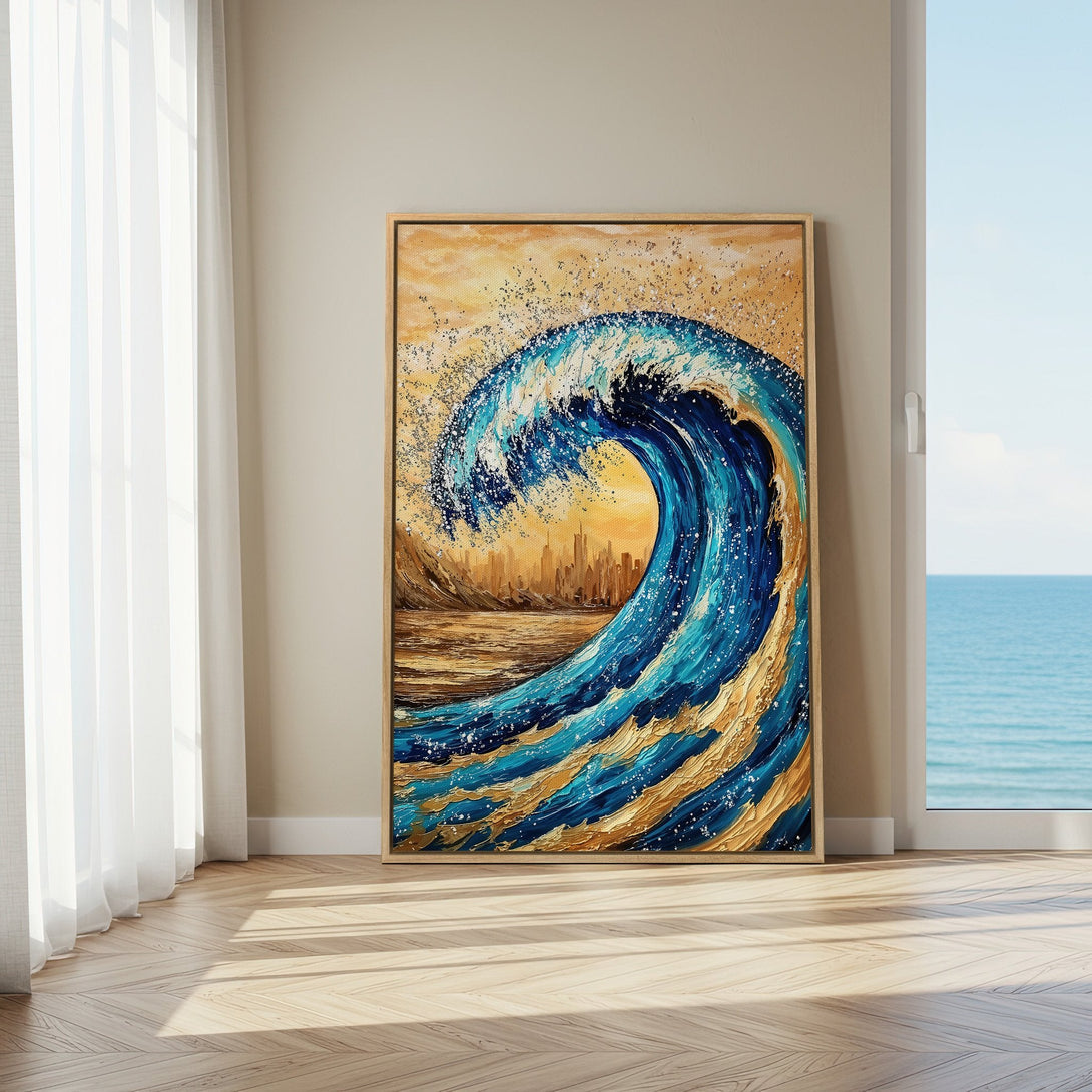 Framed Wall Art: Stunning wave art print in blue, gold, and tan tones. Coastal-inspired decor for a serene living space. Add a touch of the ocean to your home!