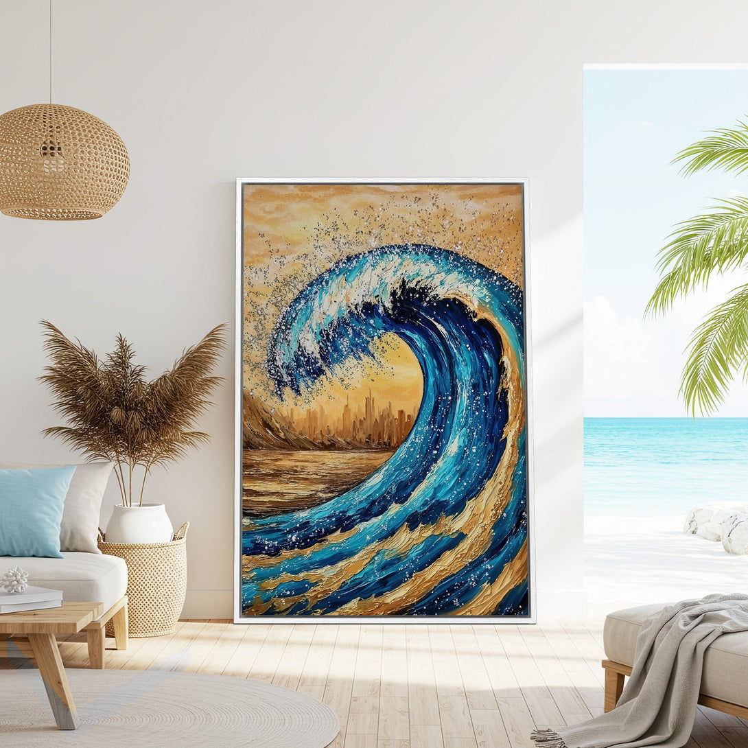 Framed Wall Art: Stunning ocean wave painting in blue and gold hues. Coastal decor perfect for adding a touch of serenity to your home. Shop now!