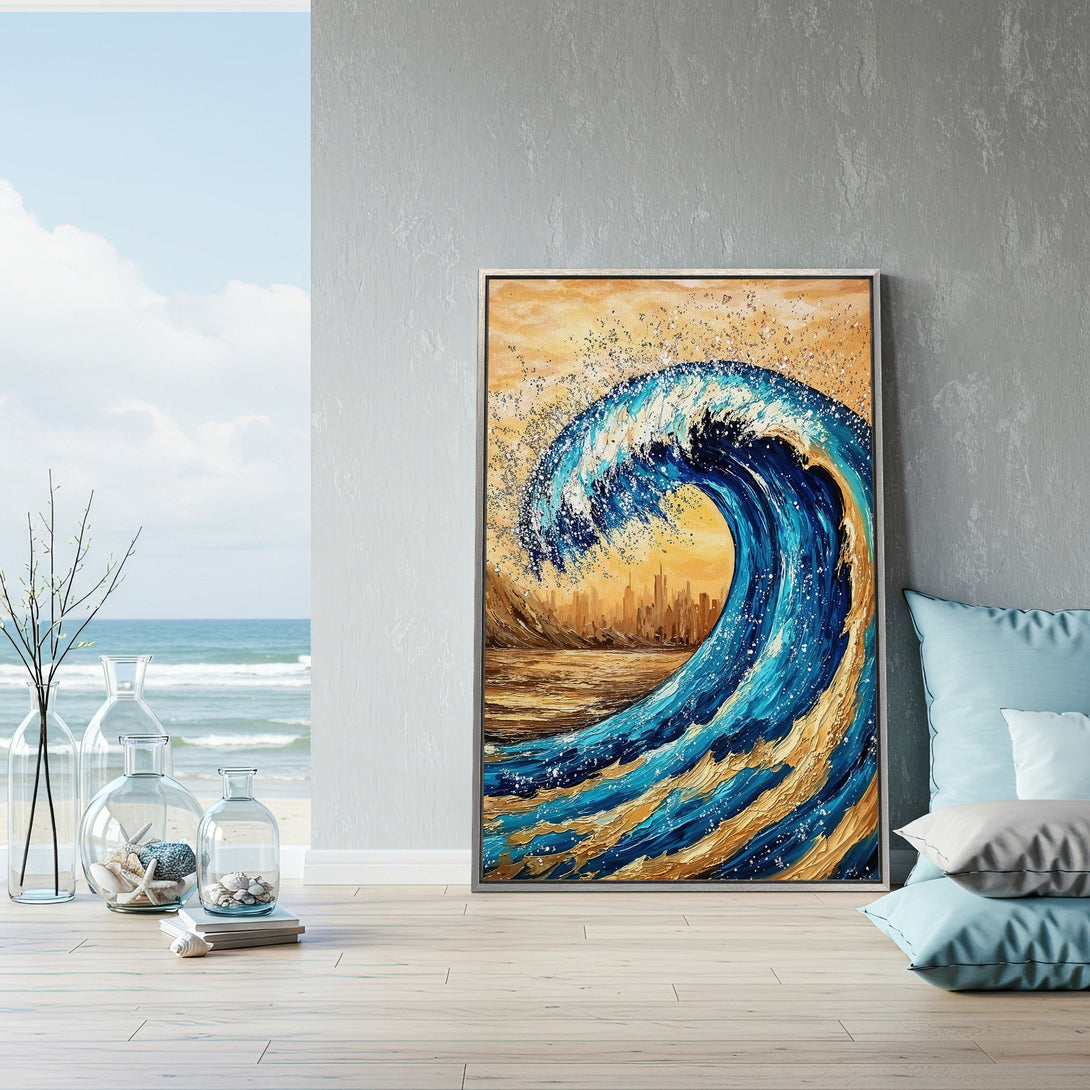 Framed Wall Art: Stunning ocean wave Canvas Print in blue, gold, & brown. Coastal art perfect for adding a touch of serenity to your home decor.