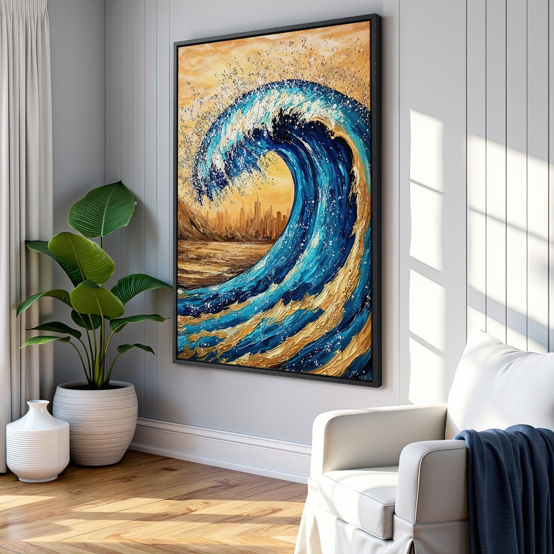 Framed Wall Art: Stunning wave art Canvas Print in blue and gold, perfect for coastal decor. Adds a touch of elegance to any room.