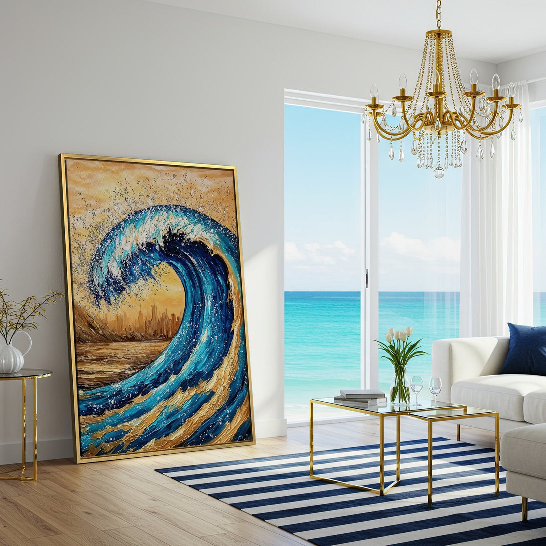 Canvas Print of a vibrant ocean wave art in blue and gold tones, displayed in a modern living room setting.