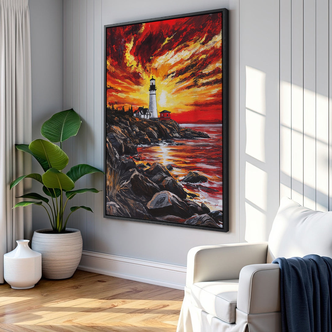 Framed Wall Art of a lighthouse at sunset. Dramatic painting style with a fiery red and orange color palette. Perfect coastal decor for your home.