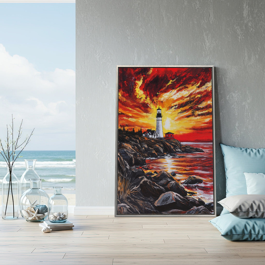 Framed Wall Art: Lighthouse painting with fiery sunset. Dramatic coastal art in warm red, orange, and yellow hues. Perfect for adding vibrant style to your home.