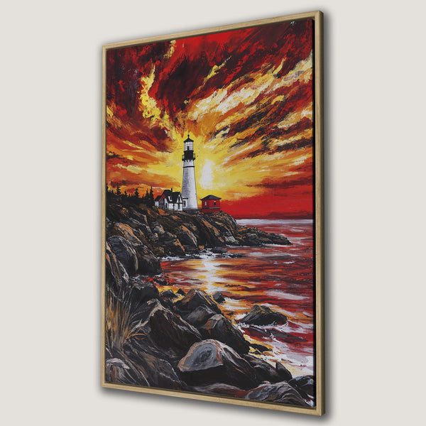 Framed Wall Art featuring a dramatic lighthouse scene with a fiery sunset. Rich red, orange, and yellow hues create a captivating, expressive artwork for your home.