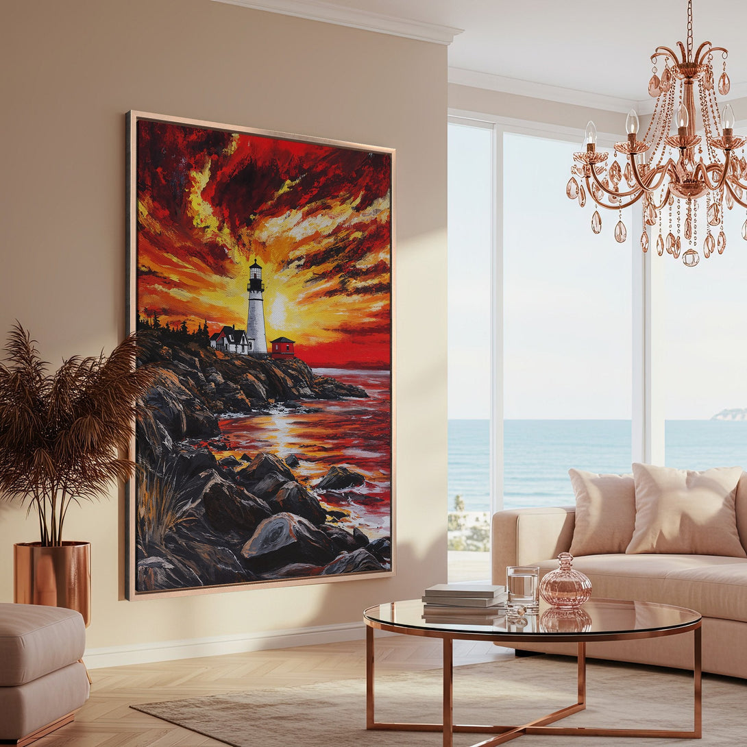 Framed Wall Art: Lighthouse Canvas Print with vibrant sunset colors. Coastal landscape art in fiery red, orange, and yellow hues. Perfect for living room decor.
