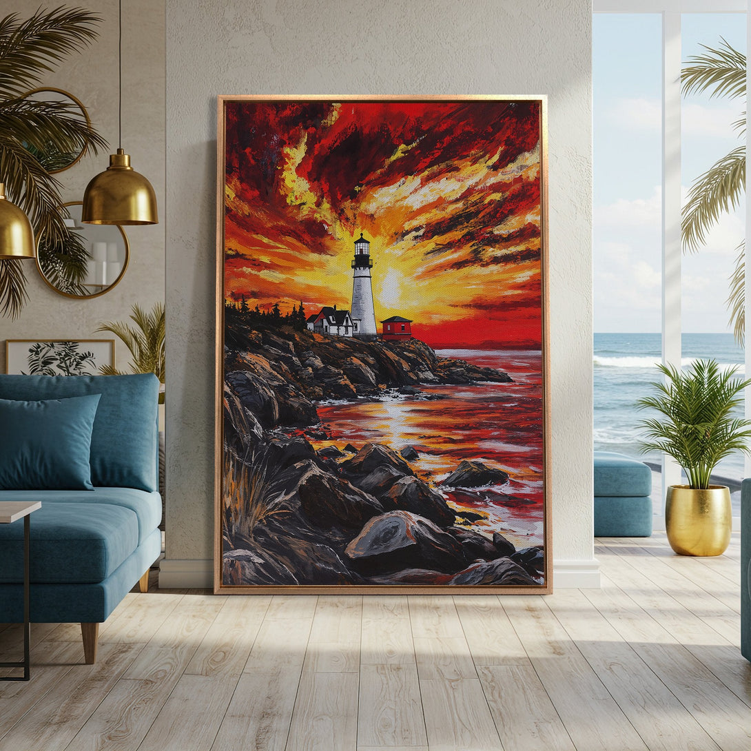 Framed Wall Art: Lighthouse painting with a fiery sunset. Dramatic art in warm red, orange, and yellow tones. Coastal decor for a vibrant living room.