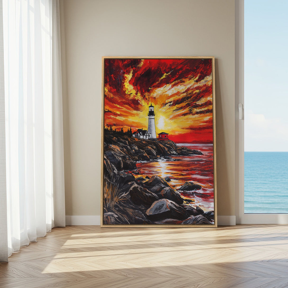 Framed Wall Art featuring a lighthouse at sunset. Dramatic, impressionistic style with a vibrant red and orange color palette. Perfect coastal decor.