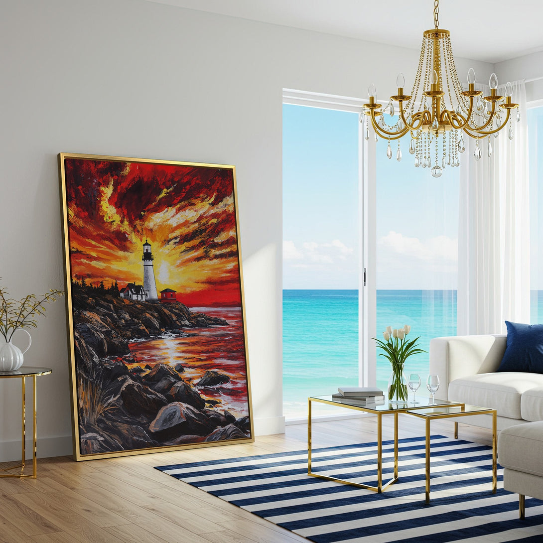 Canvas Print of a lighthouse at sunset. Dramatic, impressionistic style with a warm red and orange color palette. Perfect coastal wall art.