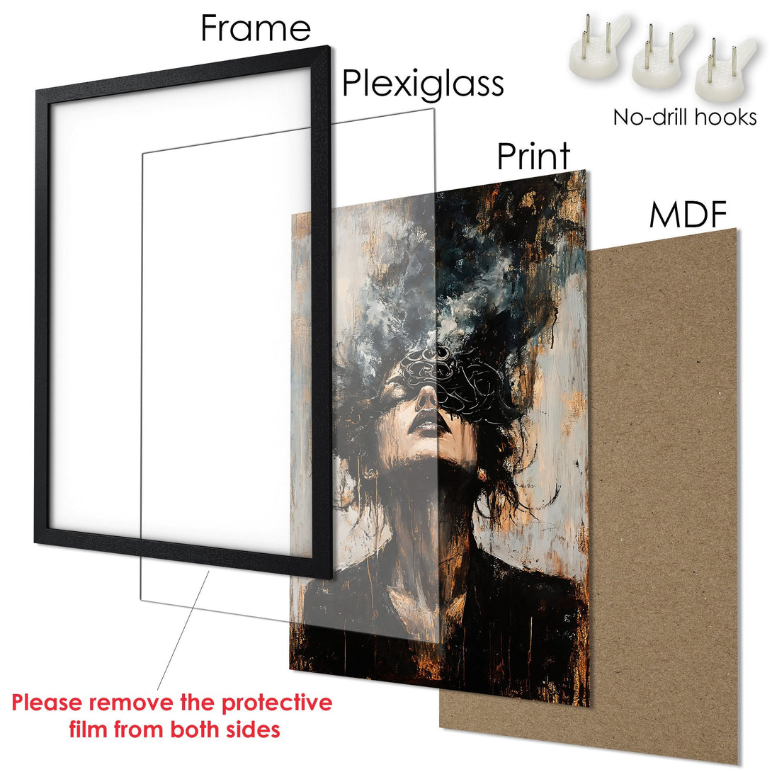 Framed Poster featuring an abstract woman portrait in a black frame. The art style is expressive with a dark, earthy color palette.