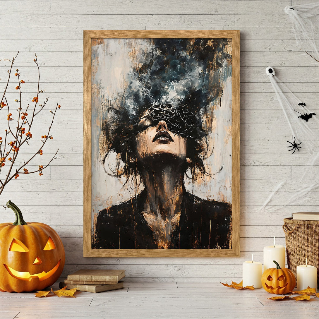 Framed Poster featuring an abstract portrait in black, white, and gold tones. Perfect wall art for a modern, artistic home.