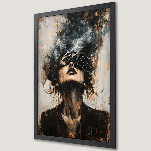 Framed Poster: Abstract portrait art in black, gold, and neutral tones. Modern, expressive painting style. Perfect wall decor.