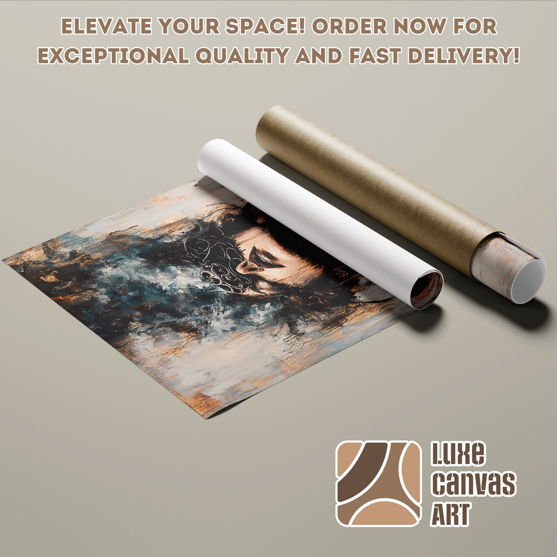 Abstract art poster roll with blue, brown, and gold tones. Elevate your space with Luxe Canvas Art!