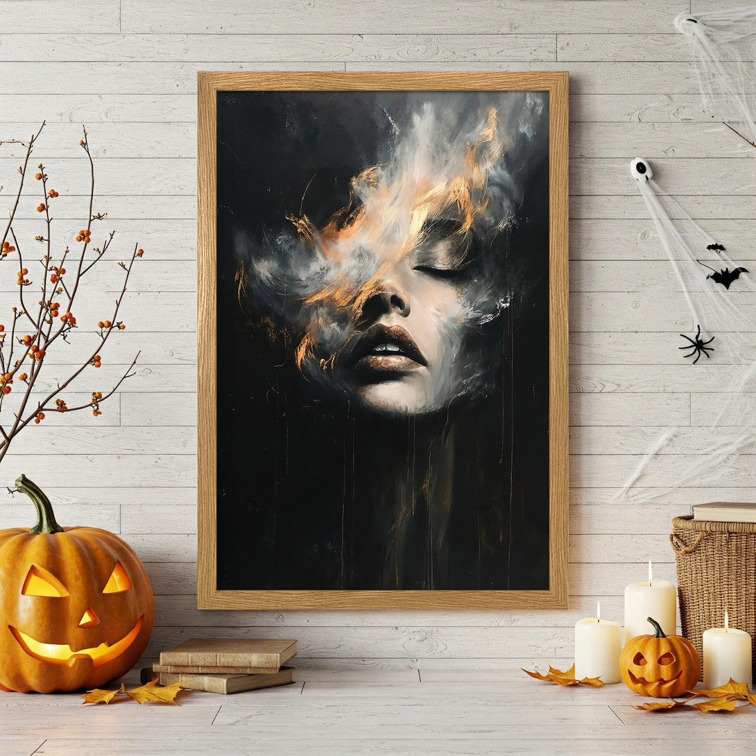 Framed Poster featuring a woman's face, abstract style, dark & gold tones. Perfect Halloween art!