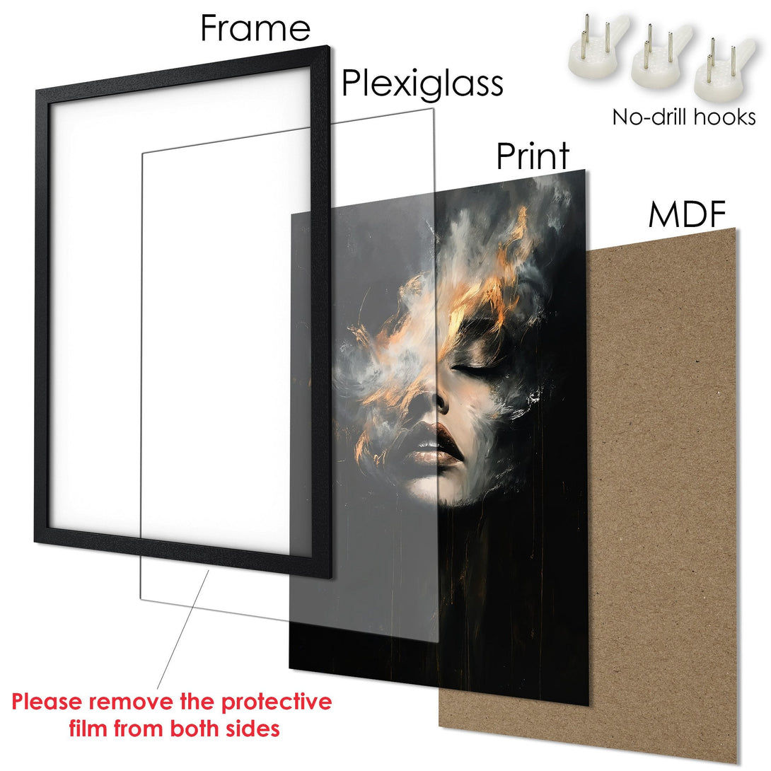 Framed Poster featuring a woman's face in a dramatic, artistic style with a dark, moody color palette. Perfect wall art!