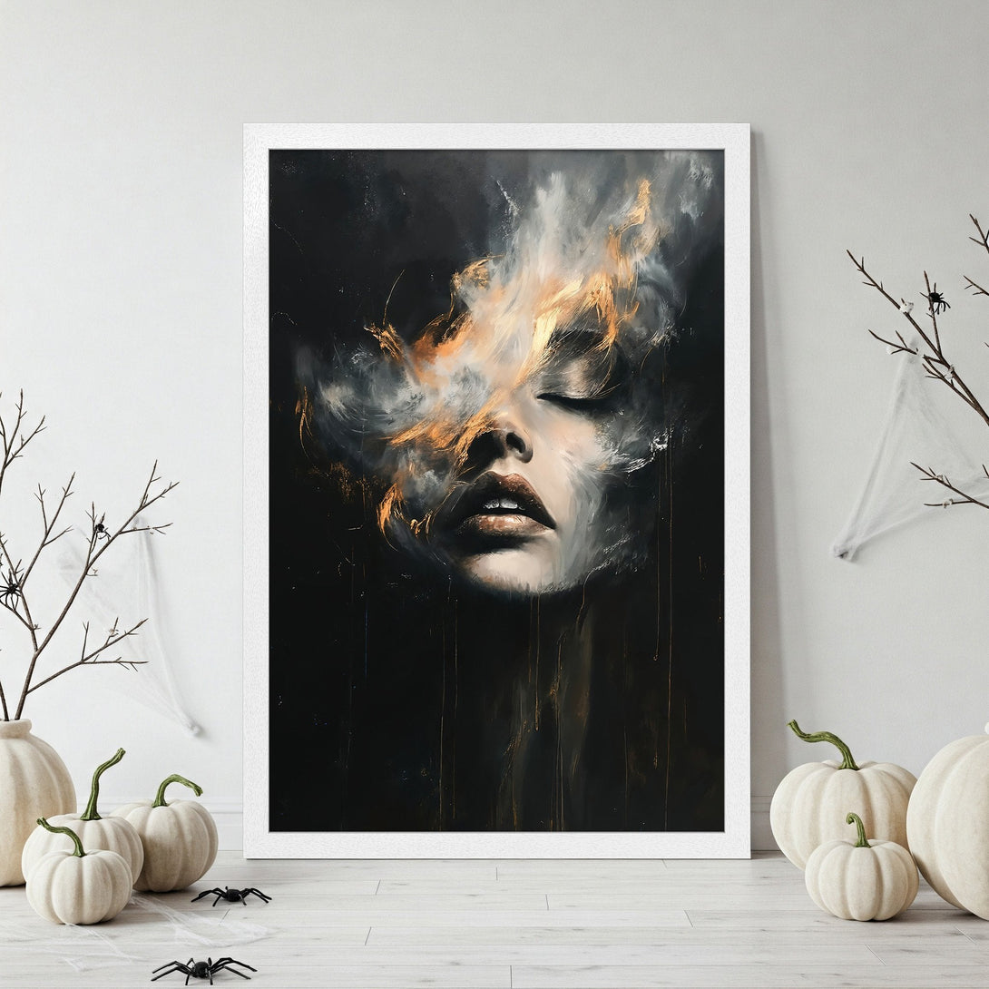 Framed Poster of woman's face with abstract, dark, and gold details. Perfect wall art for a modern home.