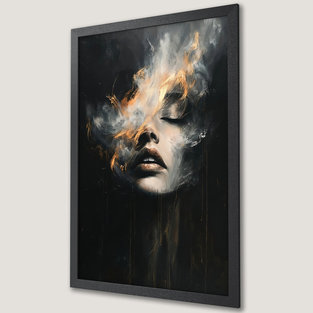 Framed Poster featuring an abstract portrait with a dark, moody palette of black, gold, and white. A captivating piece of art.