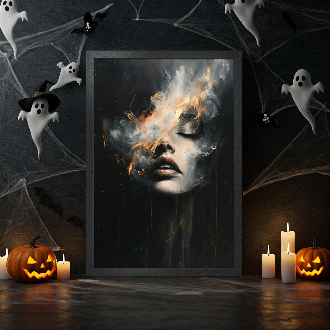 Framed Poster featuring a surreal face art print in a dark, moody style with gold accents. Perfect Halloween decor!