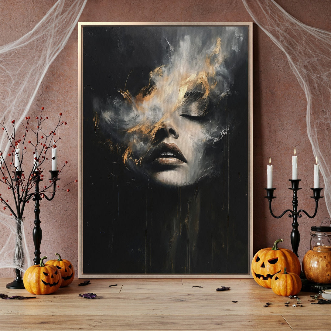 Framed Wall Art: Abstract portrait Canvas Print with a dramatic black, gold, and white color palette, perfect for Halloween decor.