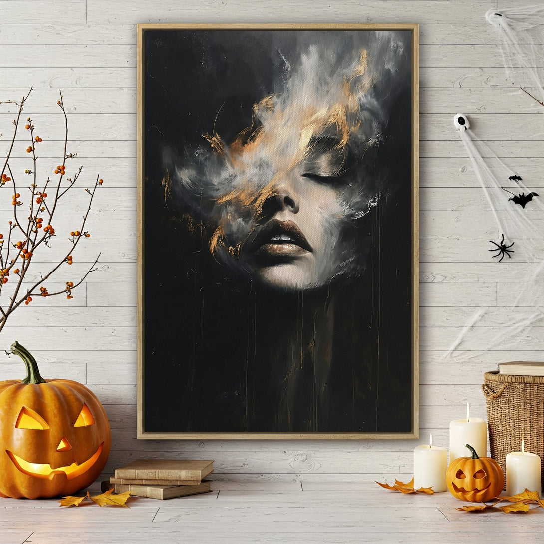 Framed Wall Art featuring a woman's face in a moody, abstract style with a black, gold, and white color palette. Perfect for Halloween decor!