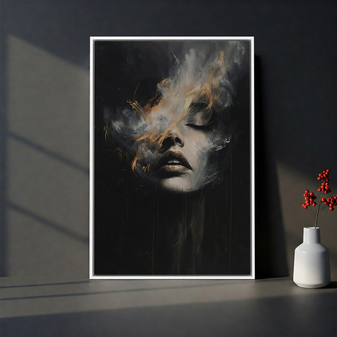 Framed Wall Art featuring an abstract portrait in a moody, dark color palette. Elevate your space with this captivating Canvas Print.