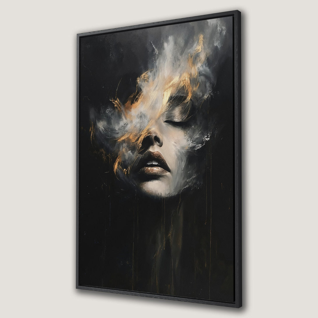 Framed Wall Art featuring an abstract portrait in a dark, moody style. The canvas print showcases a woman's face with a black, gold, and white color palette.