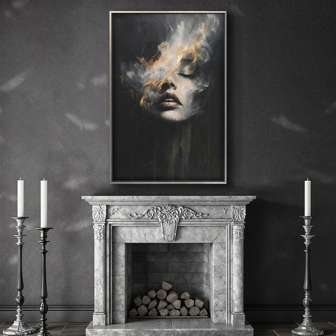 Framed Wall Art featuring a surreal face, dark and moody color palette with gold accents. Perfect for modern home decor.
