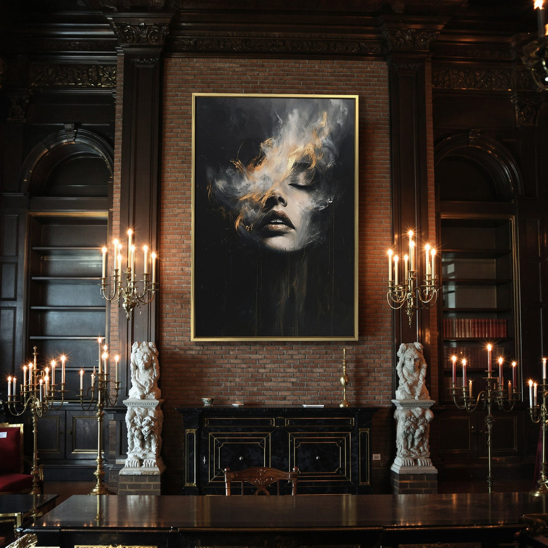 Canvas Print featuring a mysterious woman's face, dark and moody style with a black and gold color palette, perfect for Halloween decor.