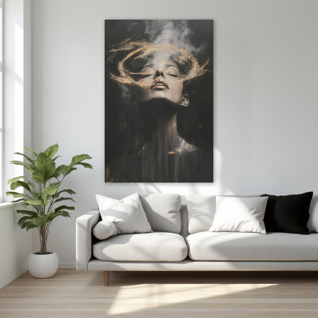 Framed Wall Art: Gothic cathedral painting in dark blues and golds. Dramatic canvas print for a moody interior. Add a touch of mystery to your space!