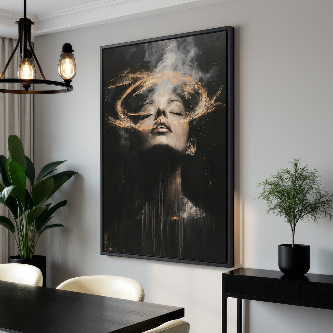 Framed Wall Art: Gothic cathedral painting in moody, dark tones. Dramatic canvas print with a gothic aesthetic and a warm, golden light palette. Perfect for Halloween decor.