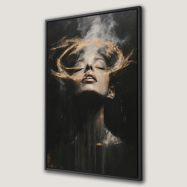 Framed Wall Art: Gothic cathedral painting in moody, dark tones. Dramatic canvas print with a warm gold and cool grey color palette, perfect for any space.