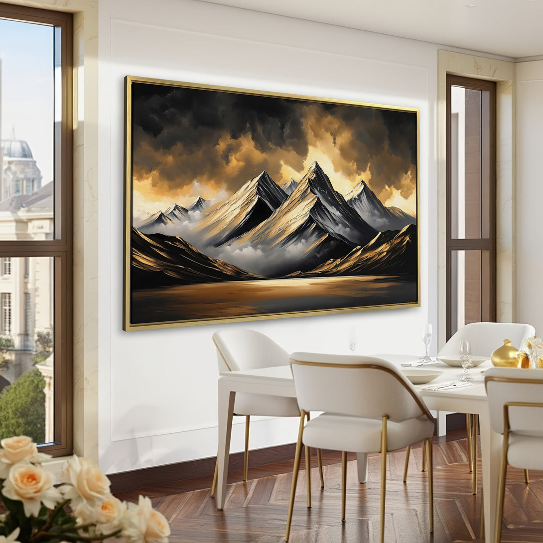 Canvas Print of majestic mountain landscape in gold, gray, and black tones. Perfect for adding a touch of elegance to any room.