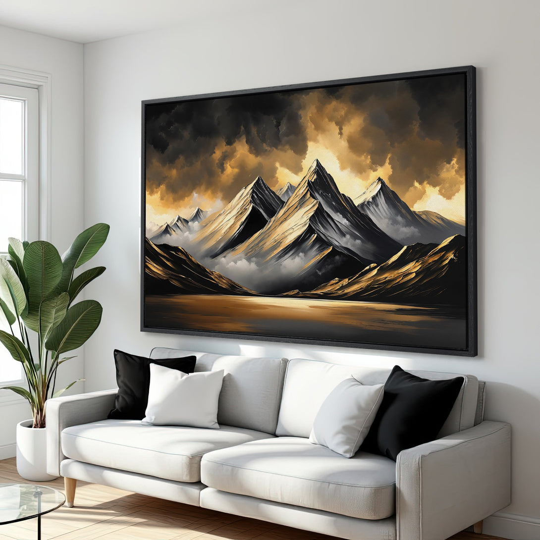 Framed Wall Art: Abstract mountain landscape Canvas Print in gold and black, perfect for modern home decor. Enhance your living room with this stunning piece.