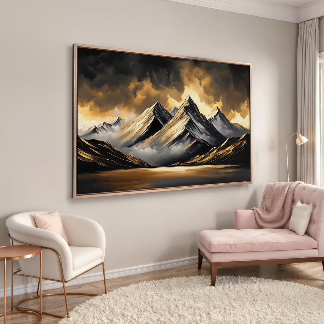 Framed Wall Art: Dramatic mountain landscape Canvas Print in gold, black, and gray tones. Perfect for adding a touch of elegance to any room.